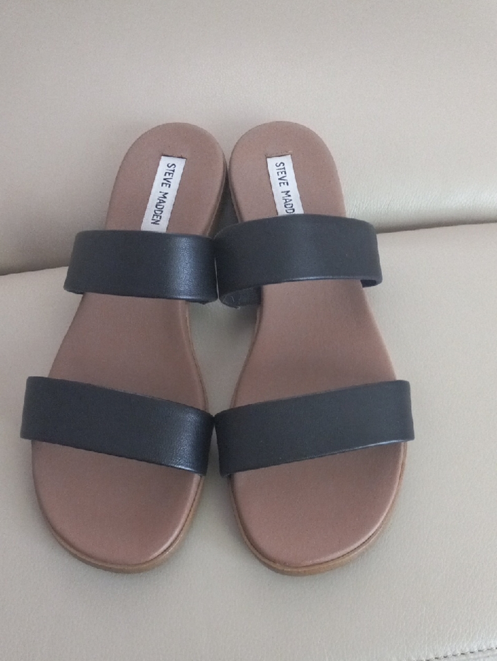 Steve Madden Black Double Strap Slide Sandals with Tan Footbed Size 9M